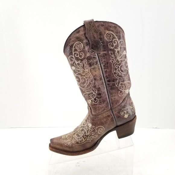 Teens Corral Brown Leather Embroidered Snip Toe Western Cowgirl Boots Size 4.5 T - Picture 4 of 10